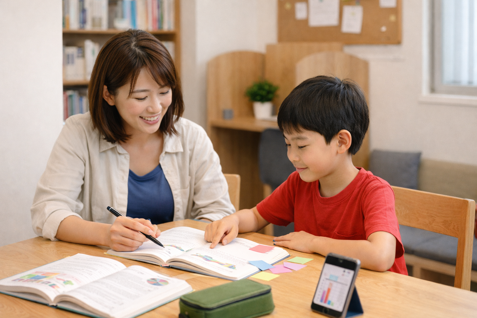先生と生徒が1対1で学習計画を考えている場面